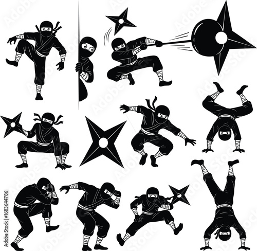 Ninja fighting vector set with martial arts poses, ninja stars, stealth moves, acrobatics, and battle scenes in comic style.