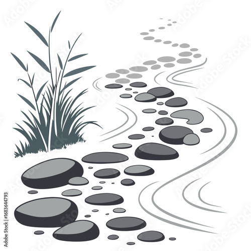A serene stepping stone path winds through calm water with lush green grass and bamboo stalks