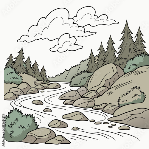 Idyllic cartoon illustration of a winding river flowing through a rocky forest landscape with pine trees and clouds