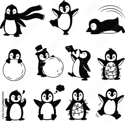 Playful Penguin Silhouettes with Scarves, Snowballs, Lights, and Fish – Cute Winter Cartoon Penguins for Holiday and Fun Designs