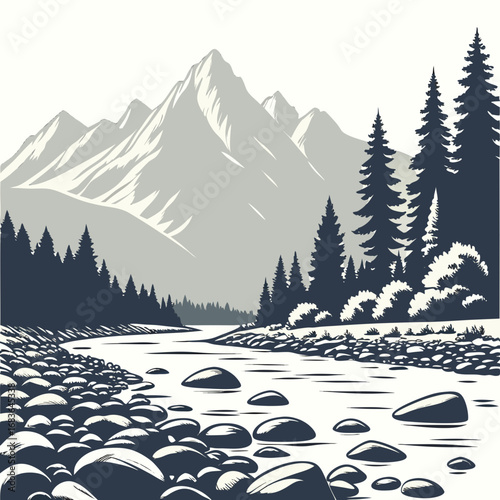 Serene mountain landscape with a rocky river and evergreen forest in a minimalist style