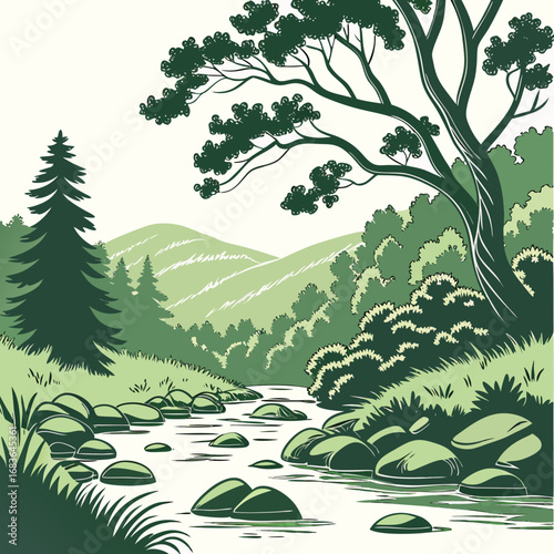 Serene mountain landscape with a flowing river and lush green trees in a stylized illustration