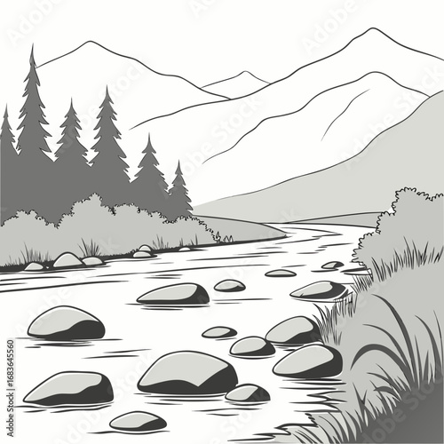 Serene mountain landscape with a winding river flowing through rocks and evergreen trees