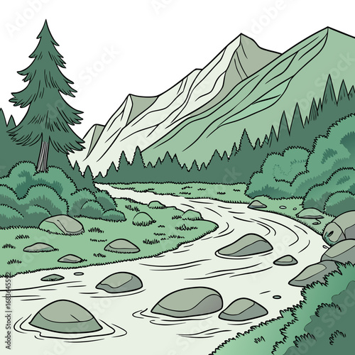 Serene mountain landscape with a winding river flowing through rocks and lush greenery