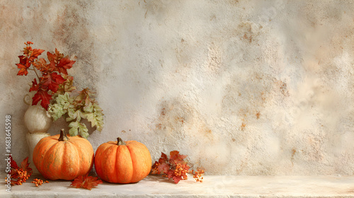 un fondo de una habitacion o escenario con decoraciones de otoño con calabazas y hojas secas decorativas con espacio de copia concepto otoñal 