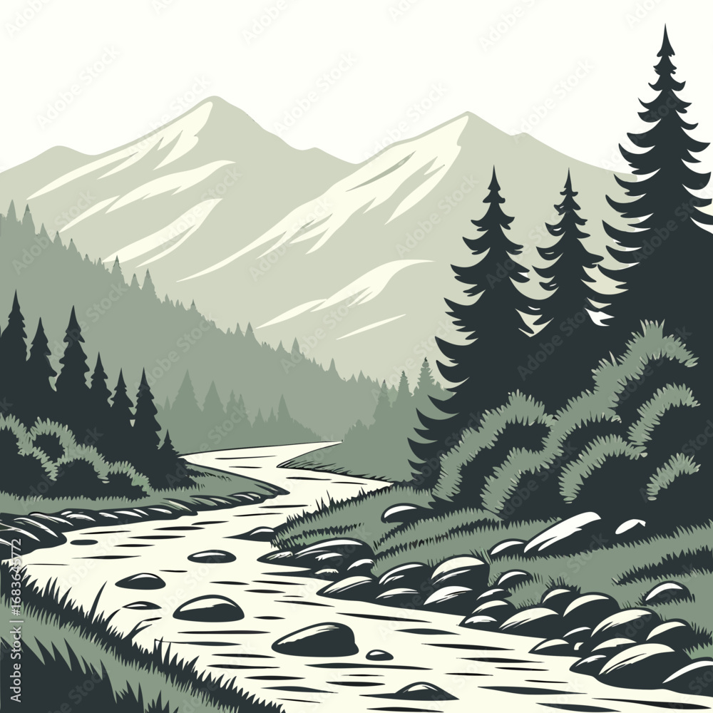 Fototapeta premium Serene mountain landscape with winding river and lush pine forest in muted green tones