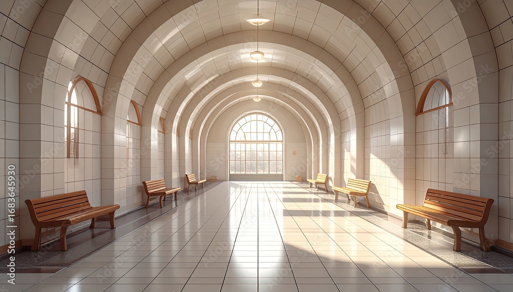 Fototapeta premium Sunlight-filled arched hallway with benches