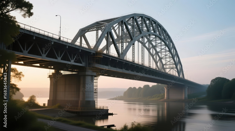 Naklejka premium Steel arch bridge spans a misty river at dawn