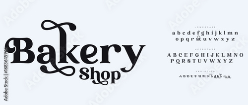 Bakery Classy elegant font, vintage type or luxury premium typeface, vector English royal alphabet. Classic typography in modern or old art deco style, serif letters for modern or retro poster font