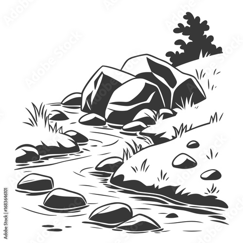 Stylized black and white illustration of a winding stream flowing over smooth rocks with grass and a tree