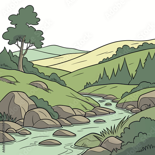 Stylized cartoon landscape with rolling green hills and a winding river flowing over rocks