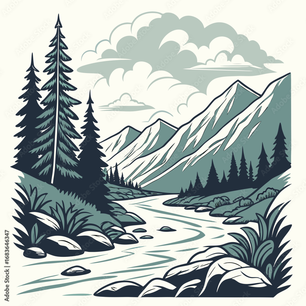 Fototapeta premium Stylized illustration of a serene mountain landscape with a winding river and pine trees under a cloudy sky