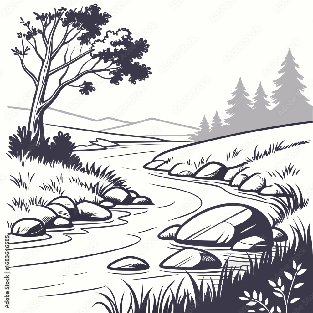 Obraz premium Stylized illustration of a winding river flowing through a landscape with trees and mountains