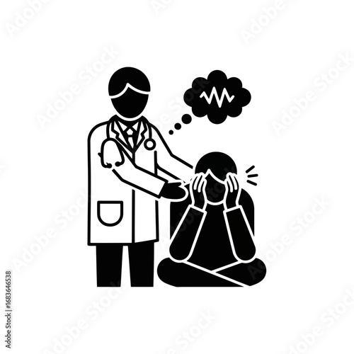 Doctor comforting patient with mental health issues silhouette isolated on white background