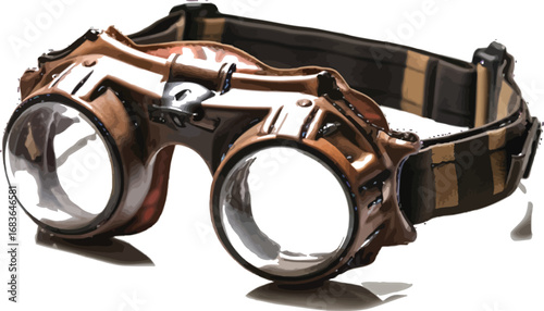 Steampunk goggles with intricate design and clear lenses on a white background