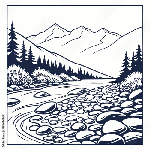 Stylized line art landscape of a winding river flowing through rocky shores towards majestic mountains