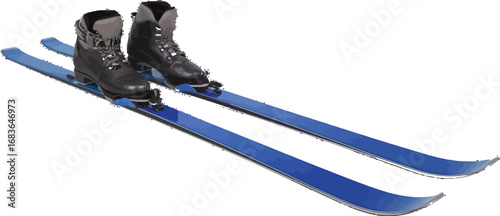 Blue skis with black boots isolated on a white background ready for winter fun