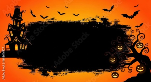 Spooky Halloween Haunted House with Jackolanterns and Bats