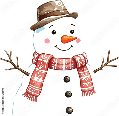 Watercolor snowman with a hat and scarf isolated on white background design