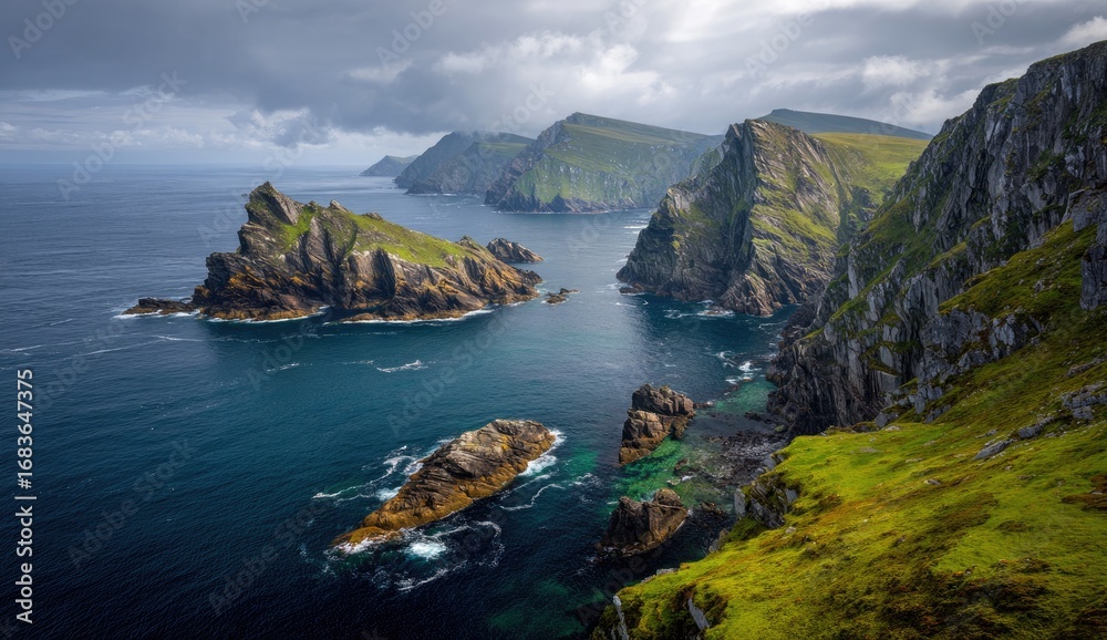 Fototapeta premium Rugged coastal landscape with dramatic cliffs and islands