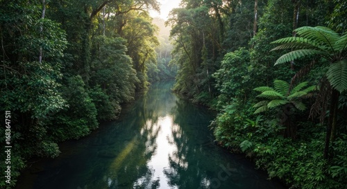 Lush rainforest river valley, sunbeams filtering through dense foliage
