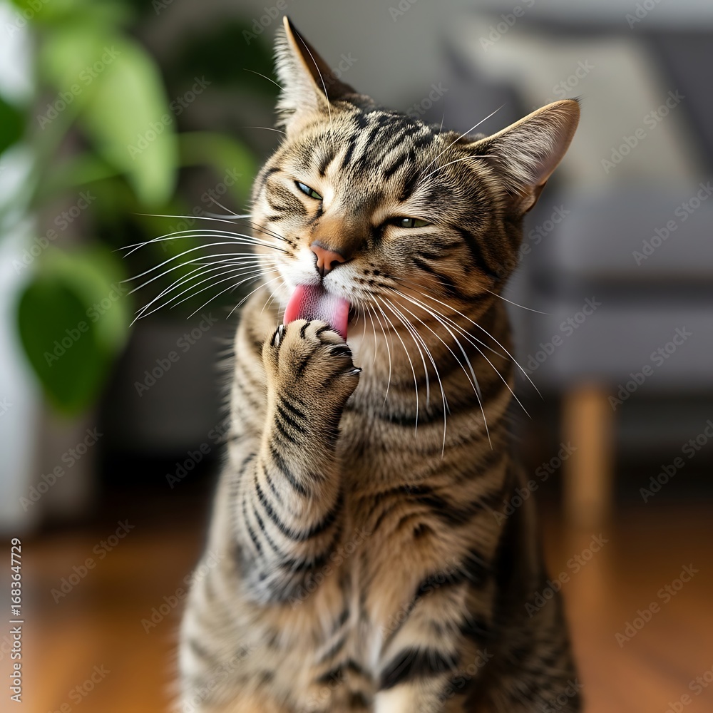 Naklejka premium Tabby cat grooming itself indoors