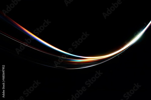 Black background, rainbow light in the shape of an  curve, curved line, black background, high definition photography, 