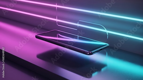 Smartphone illuminated by neon lights against a modern futuristic background creating a sleek and stylish aesthetic perfect for technology product presentation