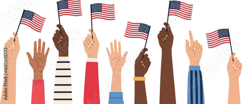 Diverse hands proudly wave American flags celebrating unity and freedom