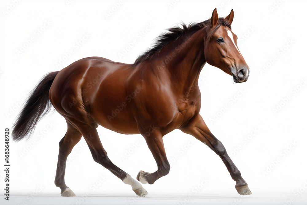 Obraz premium A majestic horse gracefully galloping across a field, showcasing its powerful physique and elegant movement. The horse has a sleek brown coat and a flowing mane