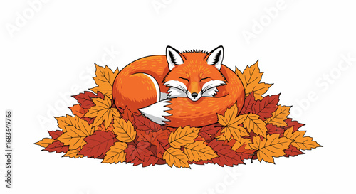 Adorable Cartoon Fox Sleeping Comfortably on a Cozy Pile of Autumn Leaves, Bright Colorful Fall Scene with Playful Wildlife Illustration for Nature, Wilderness, and Animal-Themed Designs
