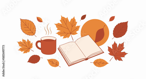 Autumn Cozy Reading Scene with Warm Mug and Falling Leaves for Fall Season, Autumn Weather, Relaxation, Literary Activity, Seasonal Decor, Nature Inspiration, and Hygge Lifestyle