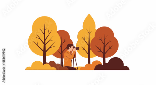 Autumn Landscape Photography Scene Featuring a Photographer with a Camera on Tripod among Vibrant Colored Trees in a Nature Setting for Outdoor Recreation, Nature Exploration, and Seasonal Change
