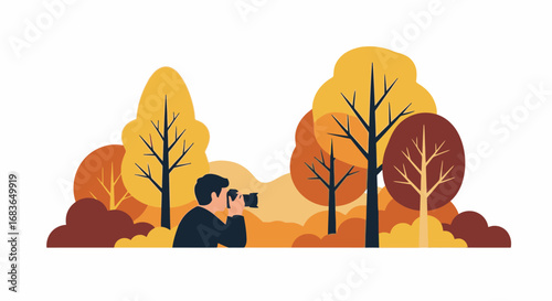 Autumn Landscape with Man Taking Photos in a Forest Scene Featuring Colorful Foliage and Deciduous Trees, Perfect for Nature, Photography, and Seasonal Content Marketing