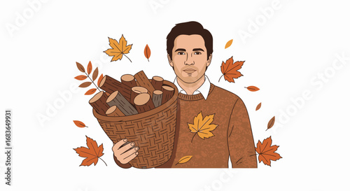 Autumn Man Holding Basket of Firewood with Falling Leaves, Nature Inspired Scene, Cozy Warmth, Seasonal Harvest, Environmentally Friendly Lifestyle, Autumn Countryside Vibe, Rustic Lifestyle