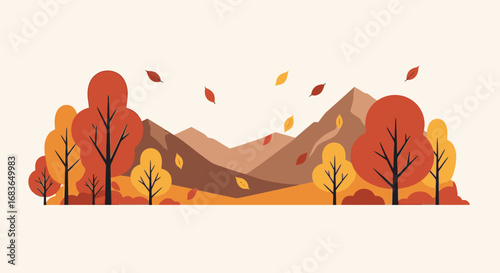 Beautiful Autumn Landscape with Colorful Trees and Mountain Range in a Minimalist Artistic Style for Nature, Environment, and Seasonal Promotion Projects