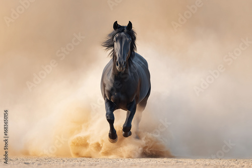A majestic black horse galloping forward, kicking up a cloud of sand