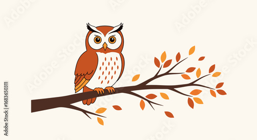 Cute Cartoon Owl Sitting on a Tree Branch with Autumn Leaves, Illustration for Education, Nature, Wildlife, and Kids' Material, Colorful and Playful Design for Presentations and Books