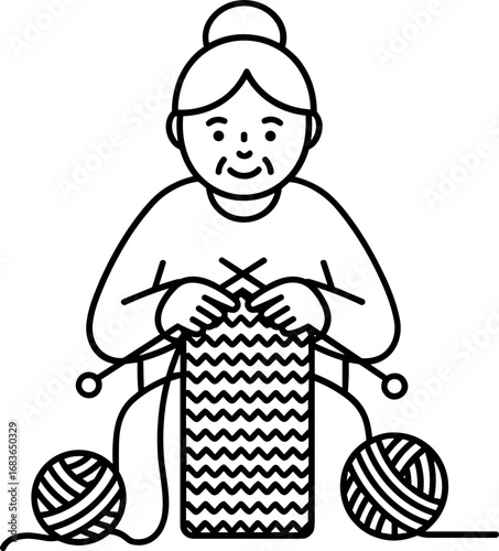 Elderly woman knitting with yarn balls on white background line art