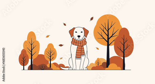 Cute Labrador Retriever Dog Sitting in Autumn Forest Scene with Falling Leaves, Illustrative Nature Illustration for Pet Care and Wildlife Themes, Heartwarming and Playful Mood