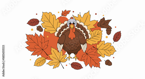 Festive Autumn Harvest Illustration Featuring a Charming Cartoon Turkey Surrounded by Colorful Fall Leaves for Thanksgiving and Fall Seasonal Celebrations