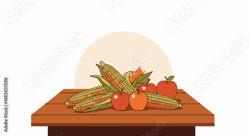 Fresh Corn and Apples on a Wooden Table, Harvest Produce for Healthy Eating, Farm-to-Table Concept, Natural Food, Organic Fruits and Vegetables for Cooking and Nutrition, Bright Artistic Style