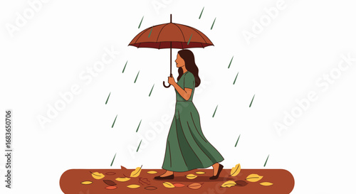 Stylish Woman Walking in the Rain with Umbrella Wearing Elegant Green Dress Surrounded by Falling Leaves in Autumn FX Mood and Scene, Perfect for Lifestyle, Fashion, and Seasonal Campaigns
