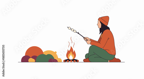 Young Woman Sitting on the Floor with a Cozy Campfire, Roasting Marshmallows Outdoors, in a Minimalist Illustration Style, Perfect for Camping, Nature, and Outdoor Adventure Themes