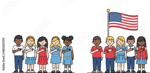 Diverse children pledge allegiance to flag, symbolizing unity and patriotism