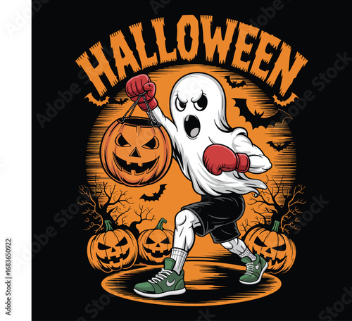 Ghost boxer training with jack-o’-lantern punching bag in spooky halloween vector design for T-shirt print