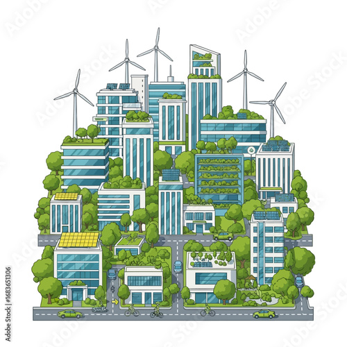 Eco-friendly urban landscape concept featuring sustainable architecture with vertical gardens, wind turbines, and solar panels for renewable energy