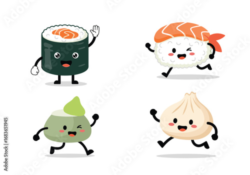 Cute kawaii sushi and dumpling characters running happy and waving
