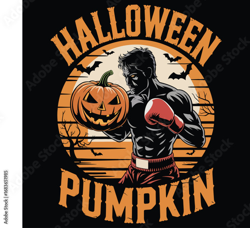 Silhouette of boxer punching a pumpkin instead of a punching bag in spooky halloween vector design for T-shirt print