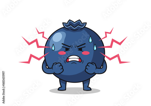 Cute angry blueberry character with lightning bolts and sweat drops expressing frustration and annoyance